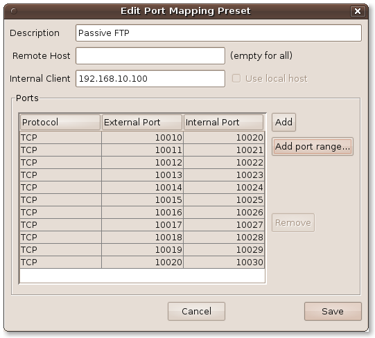 Edit preset dialog with port range